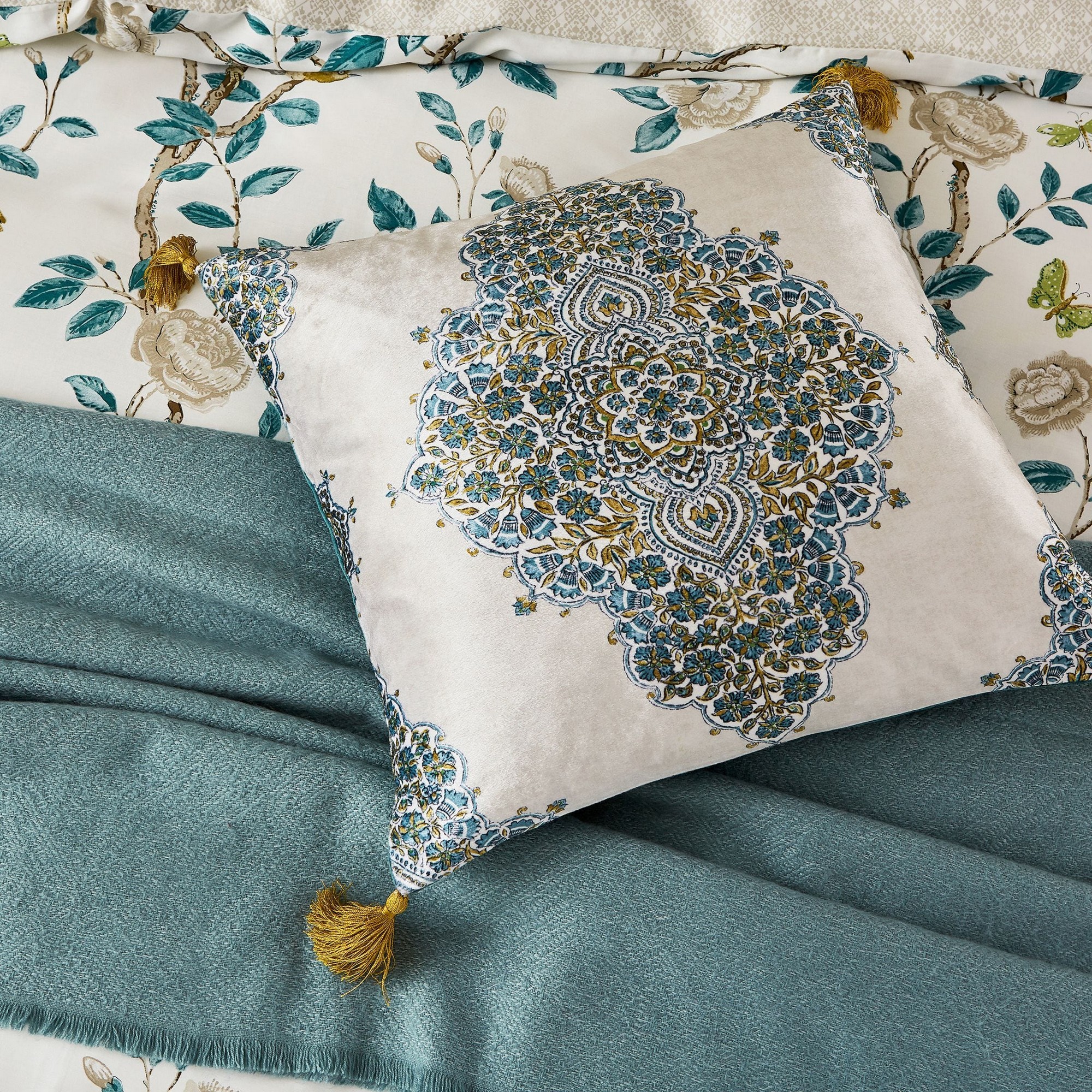 Andhara Designer Cushion By Sanderson In Teal Cream